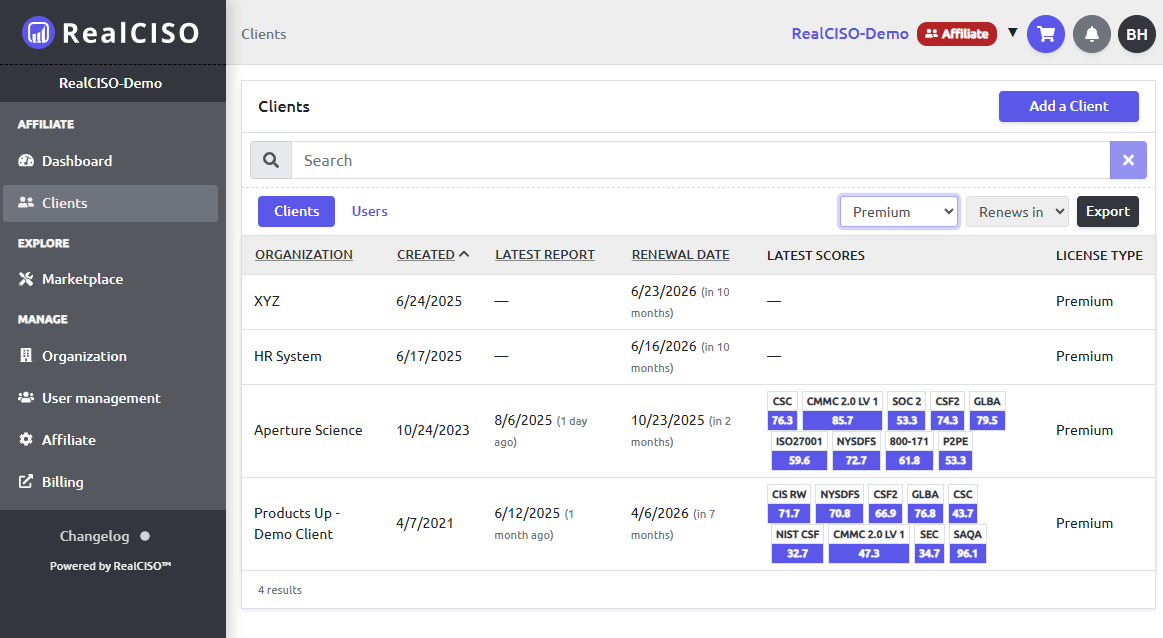 Affiliate Client View