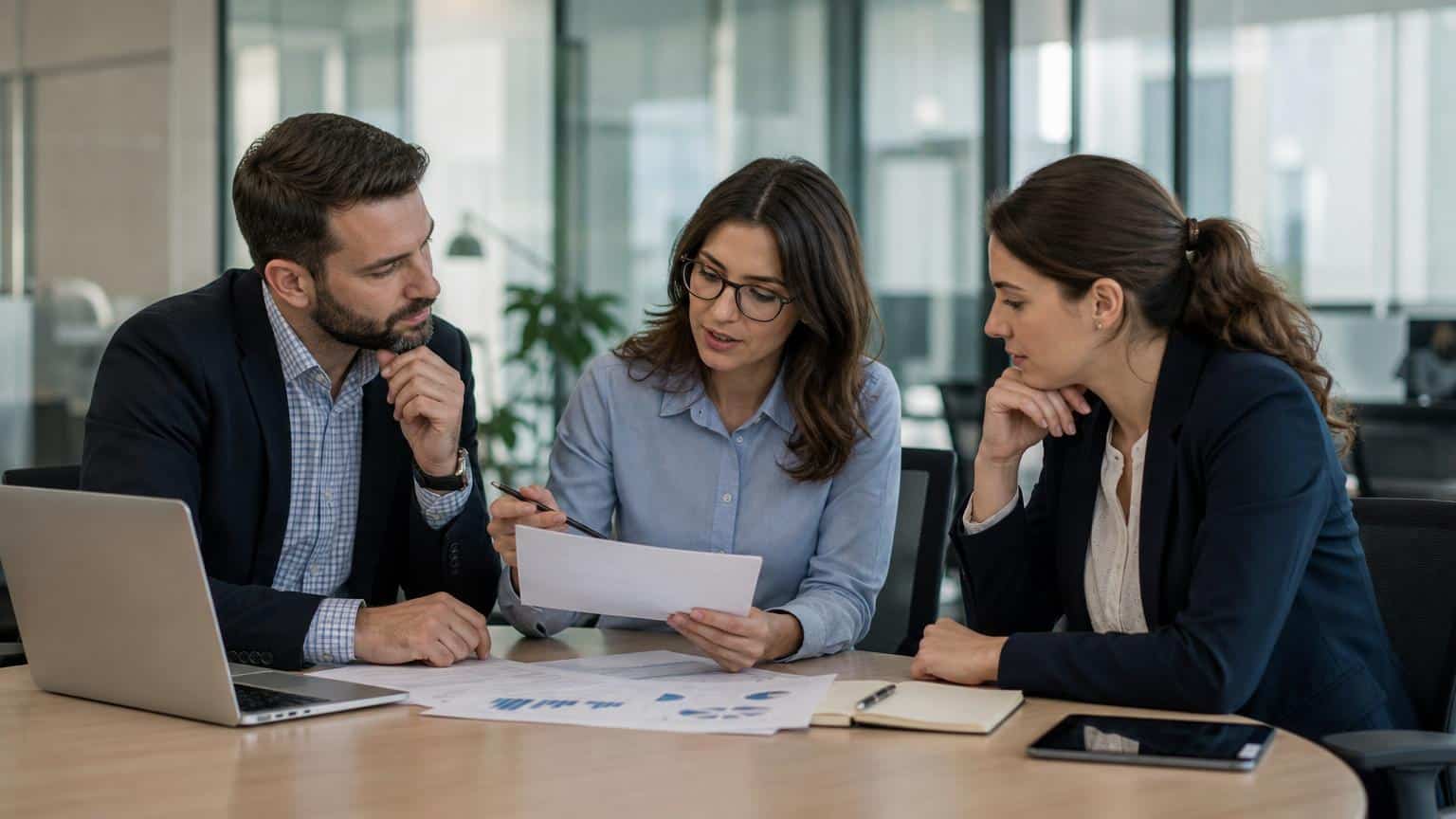 Three professionals in a modern office review data charts and documents together at a round table with a laptop and tablet.