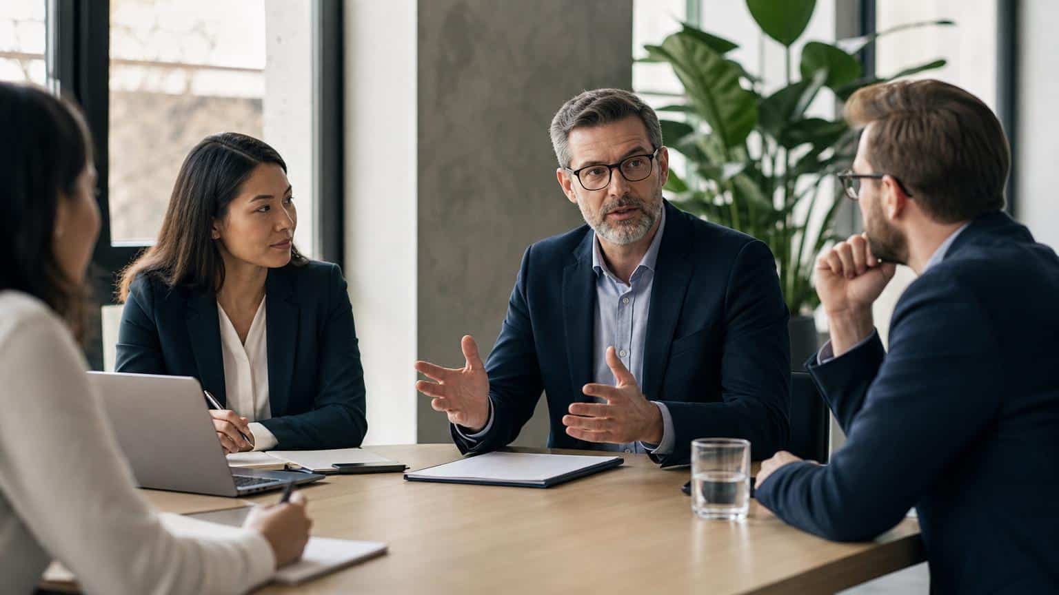 Professional man in a suit gesturing while leading a strategic meeting with colleagues around a wooden conference table in a bright office.