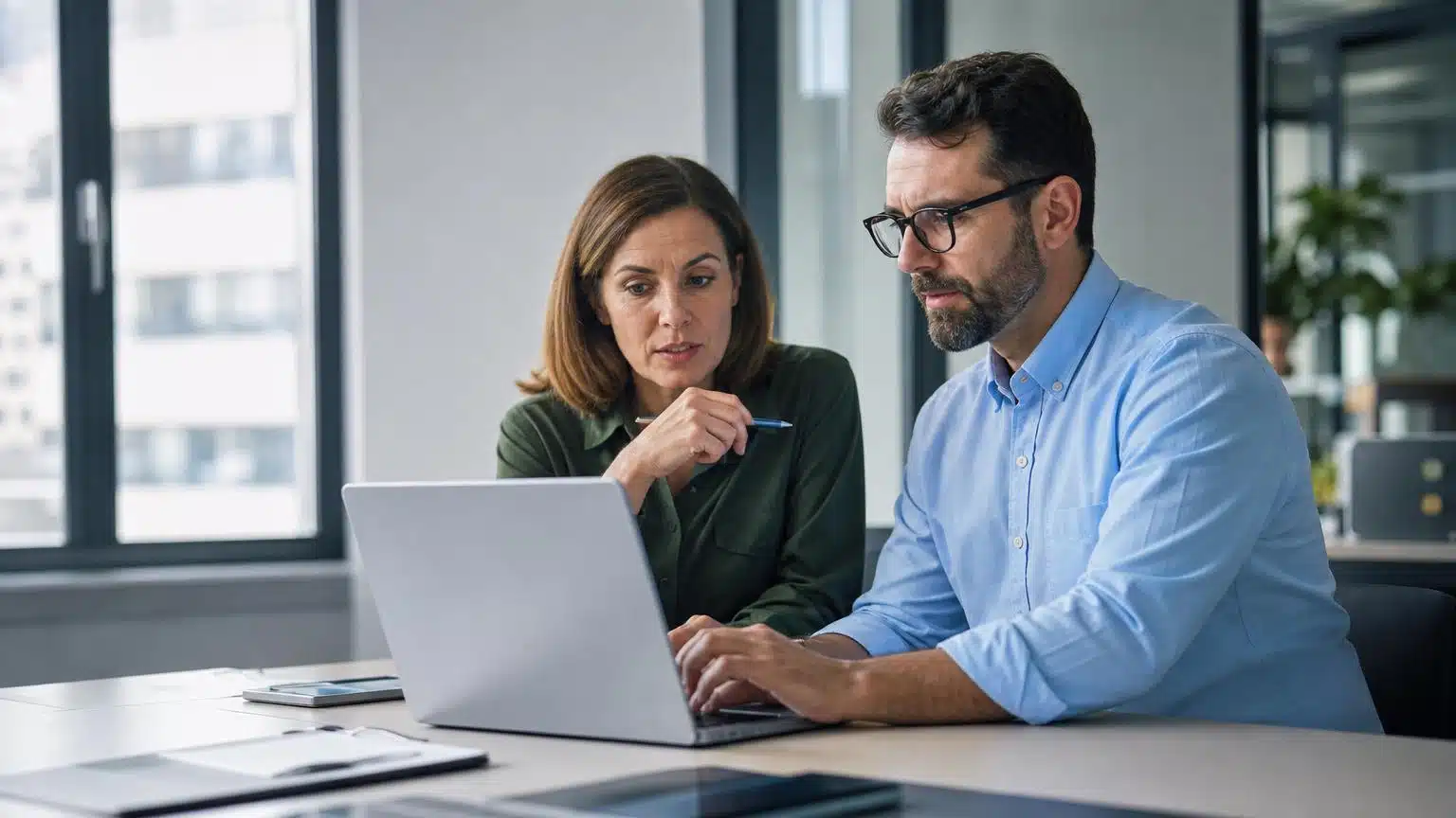 Two focused professionals in a bright office looking at a laptop screen together while discussing data and security strategies.
