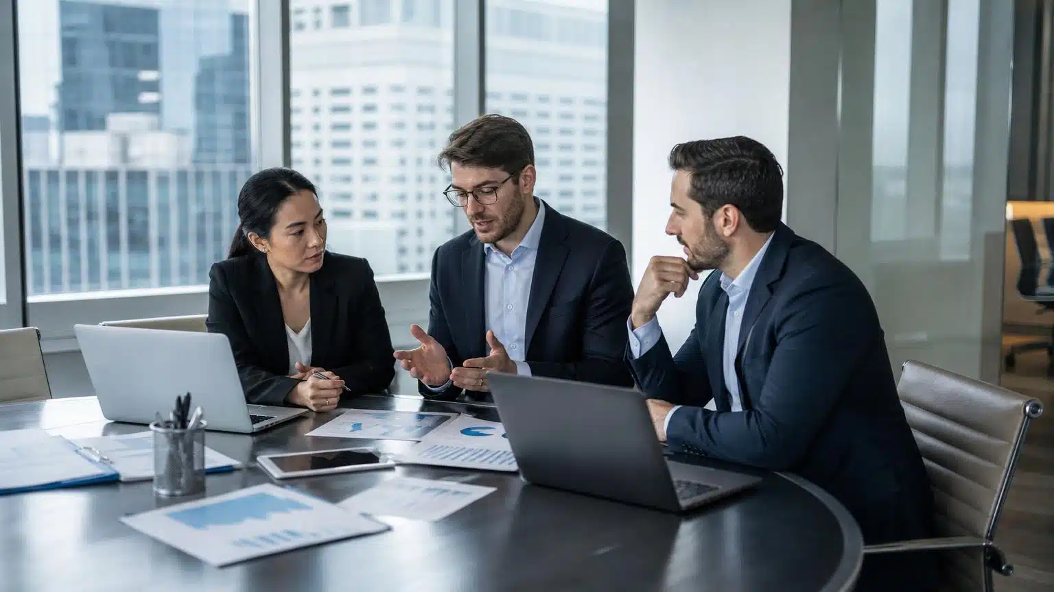 Three professionals in business attire discuss data charts and laptops around a conference table in a modern high-rise office.