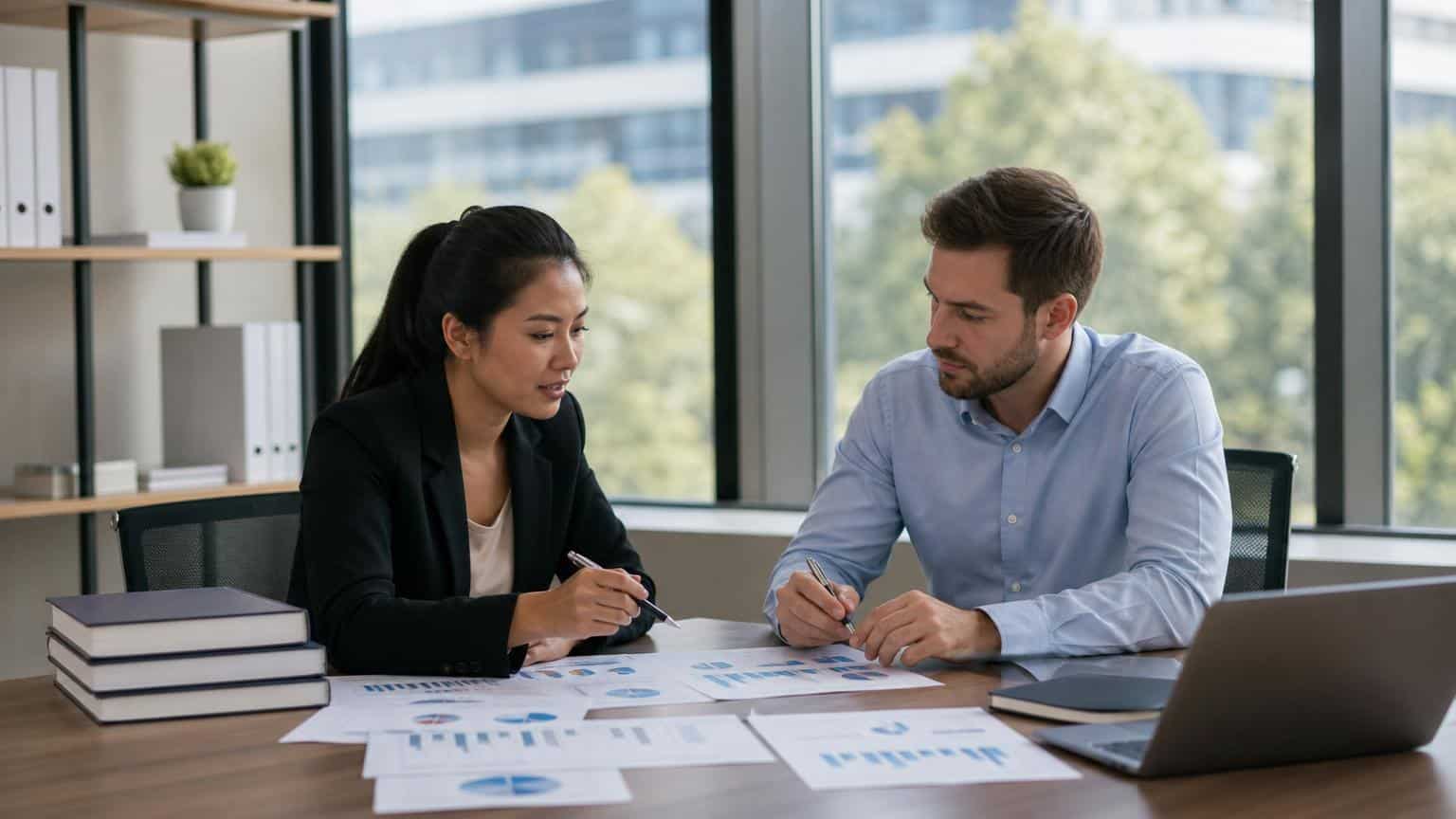 Two professionals review financial charts and documents at a wooden desk in a bright, modern office with large windows.