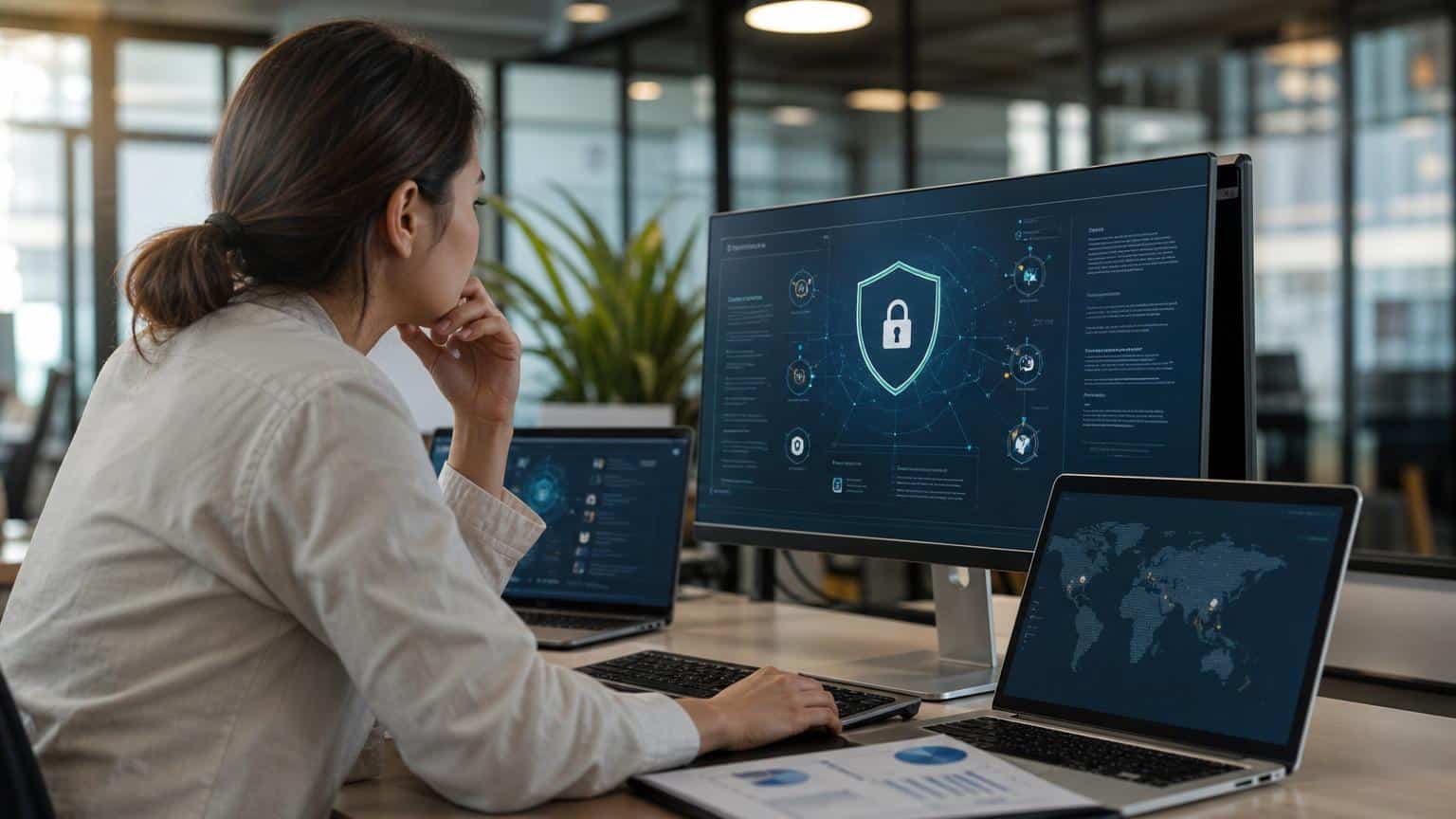 Professional woman in a modern office analyzing a cybersecurity dashboard featuring a glowing shield and padlock icon on a large monitor.