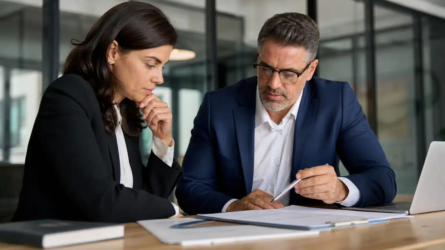 Two business professionals in suits sit at a desk reviewing and pointing to documents in a modern office setting.