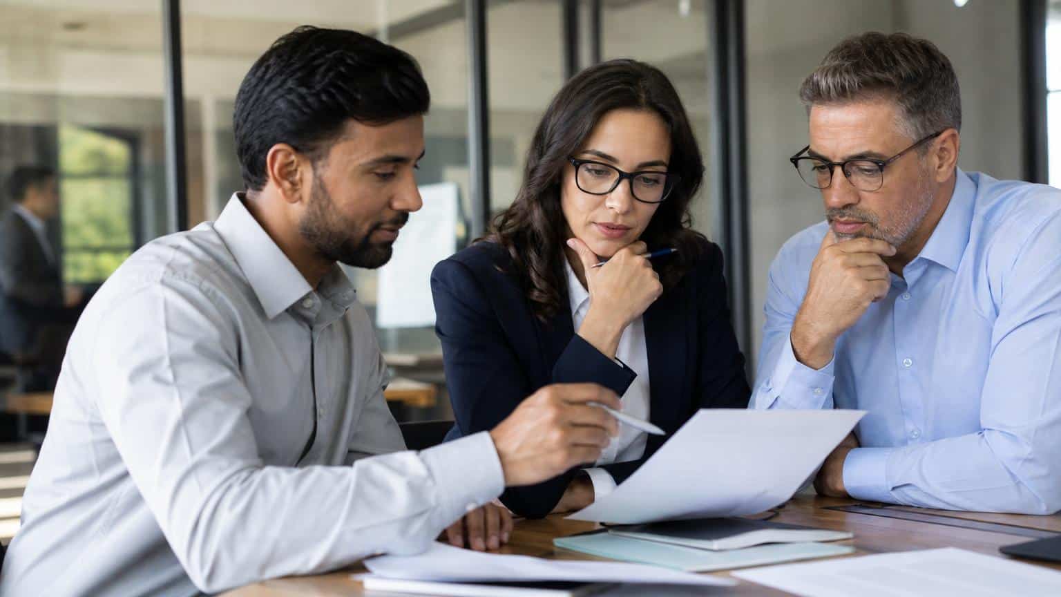 Three diverse professionals in business attire sit at a wooden table, focused on reviewing and discussing a paper document in a modern office.